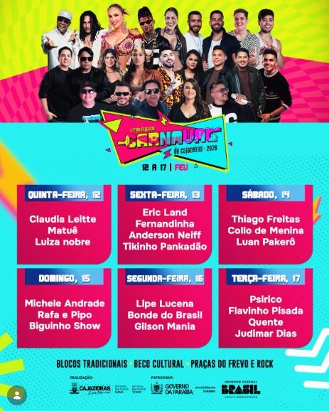 Carnaval de Cajazeiras 2026 divulga programação oficial com grandes atrações nacionais